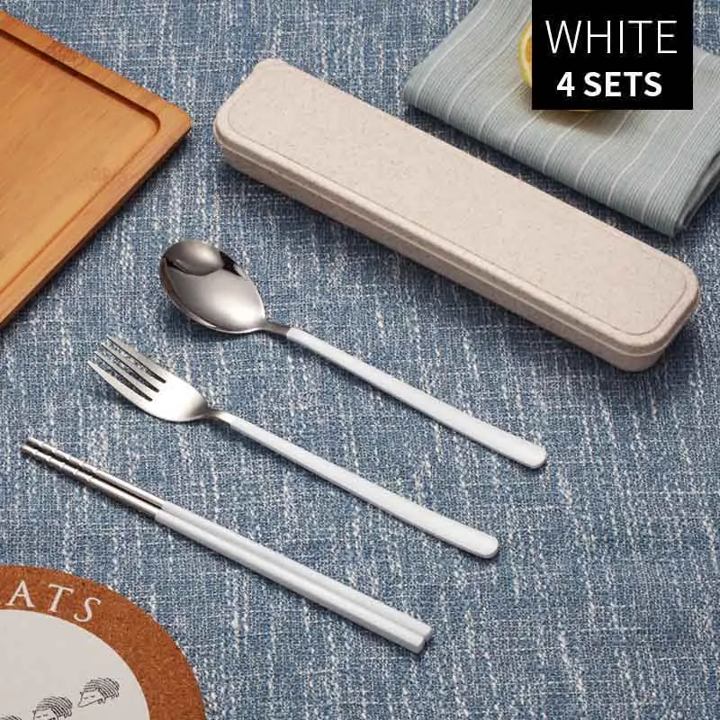 White 4 Set LANSKYWARE китайский 304 столовая посуда из нержавеющей стали набор портативная противоскользящая посуда с цветной краской для школы и пикника набор для ужина - Цвет: White 4 Set