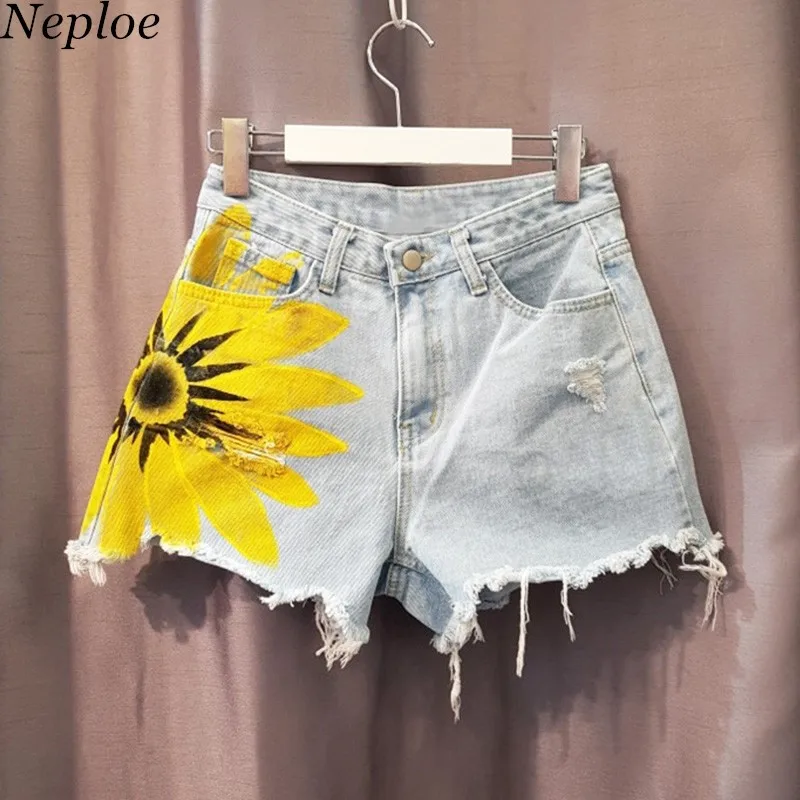 Женские джинсовые шорты Neploe с принтом подсолнуха популярные дырками и карманами