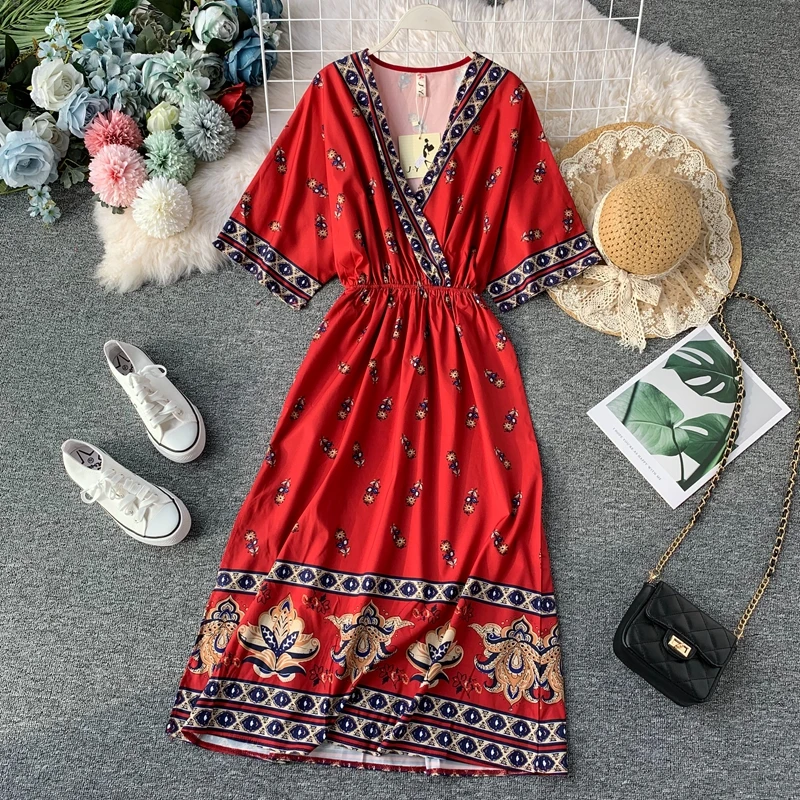 Женское длинное платье с принтом Boho красное Повседневное трапециевидной формы