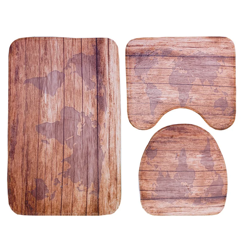 

Wood Leaf Pattern 3Pcs Bathroom Rugs And Mats Set Water Absorption Bathroom Carpets Set Microfiber Toilet Bath Mats