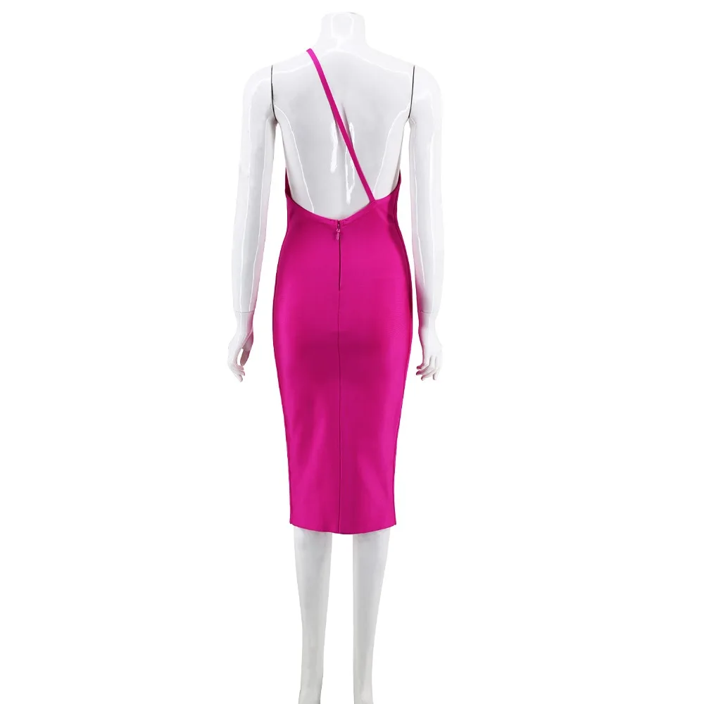 Весеннее ярко-розовое Бандажное платье на одно плечо с открытой спиной до колена