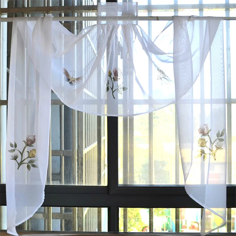 Прозрачные тюлевые шторы для кухни кафе вышитые цветочные пасторальные бабочки