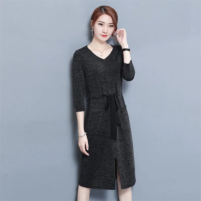 Осень зима модный шейный шарф с v образным вырезом женское платье 2019 повседневный