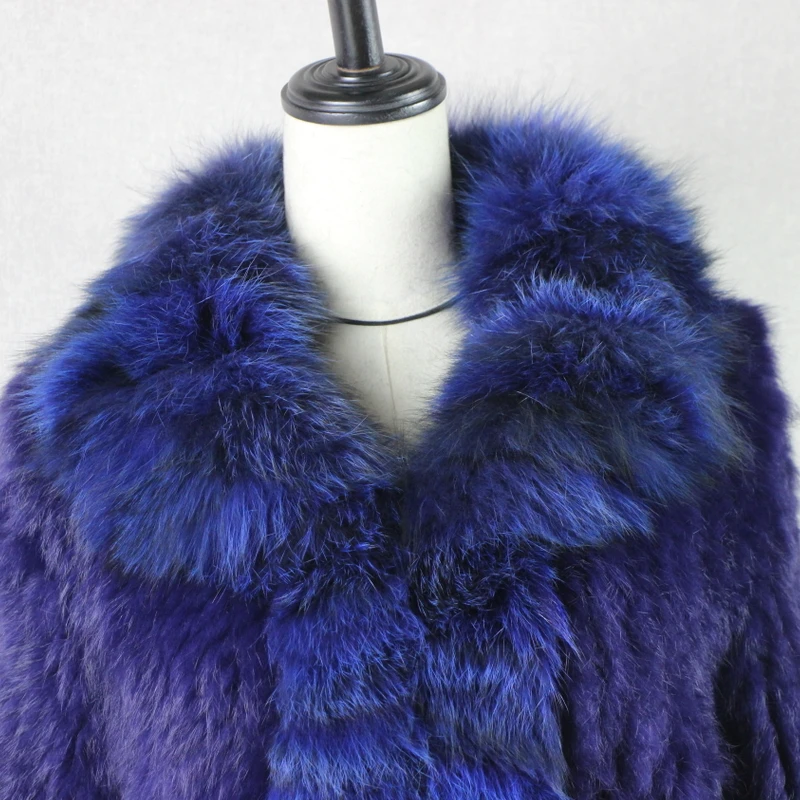 Женское зимнее трикотажное пальто с воротником из лисьего меха|real rabbit fur coat|genuine