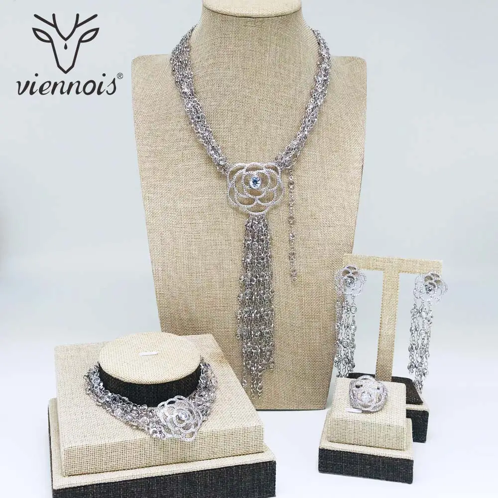 Viennois серебряное ожерелье набор для женщин Стразы висячие серьги кольцо браслет набор вечерние ювелирные изделия
