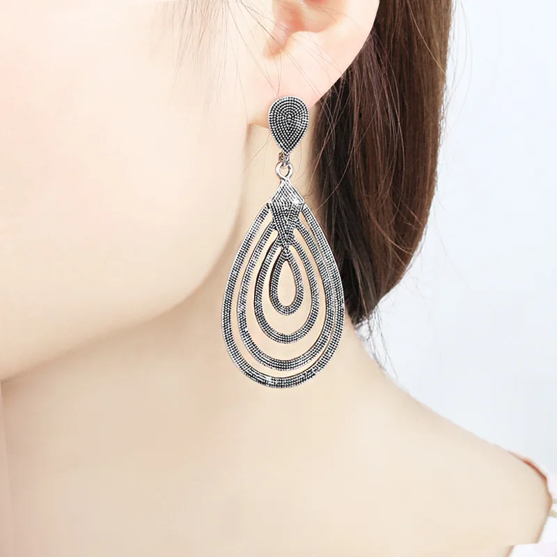 Dangle Long Earrings Women Antique Gold Silver Color Big Hollow Out Water Drop Earring Ear Jewelry Statement Eardrop Pendientes | Украшения