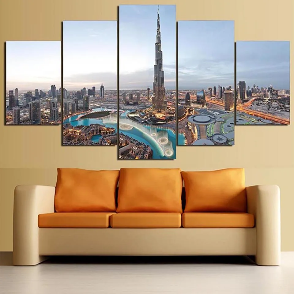 HD Printed Painting Home Decor 5 Panel Dubai Building City Landscape Modern Living Room Wall Art Posters Frame Modular Pictures | Дом и сад