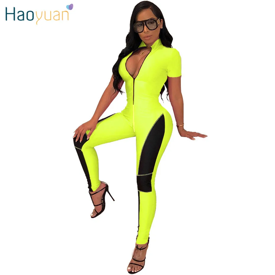 HAOYUAN, неоновые зеленые комбинезоны для фитнеса, женский комбинезон,, уличная одежда, летние комбинезоны, Цельный боди, Mujer, сексуальный Облегающий комбинезон - Цвет: Зеленый