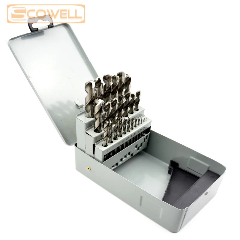 25pcs SCOWELL HSS Twist Drill Bits Set Jobber Drill Bit Kit For Stainless Steel Metal 1mm - 13mm DIY Tools Metal Drilling Set