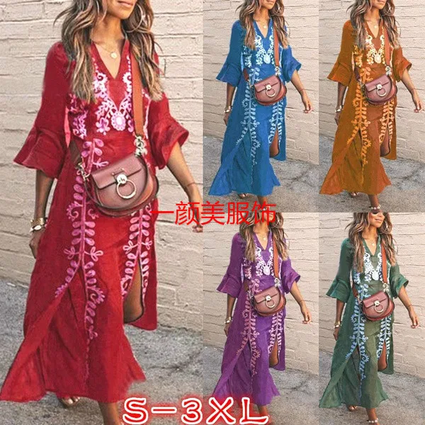 Летние женские платья повседневные уличные с v-образным вырезом и рукавом три