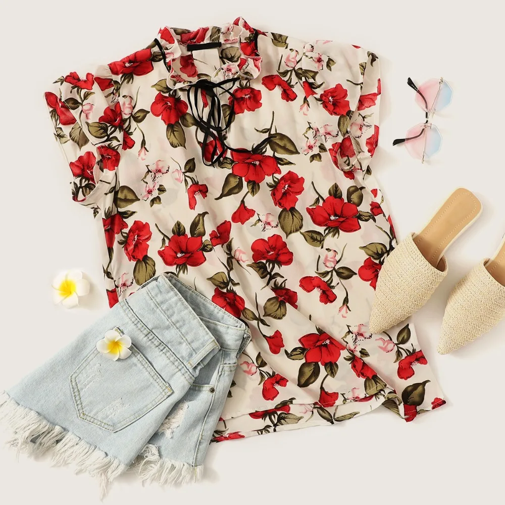 SHEIN Топ С Воротником-Бантом И Цветочным Принтом Женская Многоцветная Летняя Богемная Блузка Со Стоячим Воротником