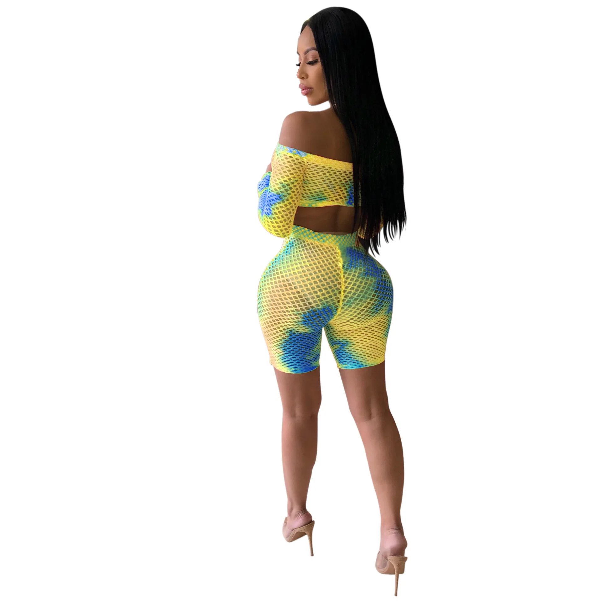 Неоновый зеленый розовый женский спортивный костюм короткий топ с длинным