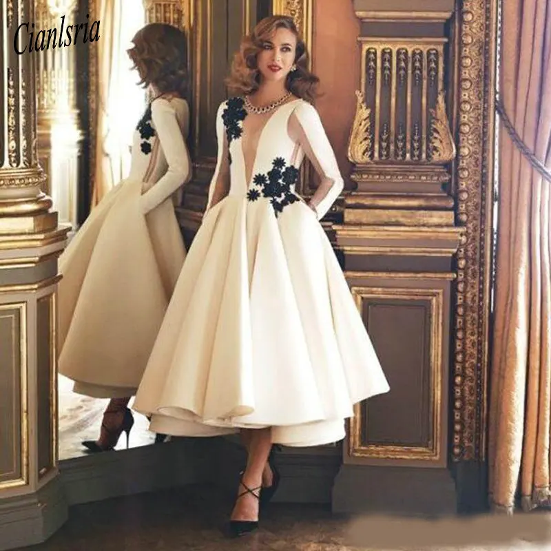 

Ivory/White A Line Evening Dresses O-Neck Long Sleeves Black Flower Tea Length Formal Gowns Homecoming Party Dress