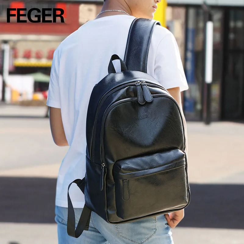 FEGER school bags Laptop backpack PU Men’s leather Fashion back pack waterproof Big travel daily men shoulder bag | Багаж и сумки