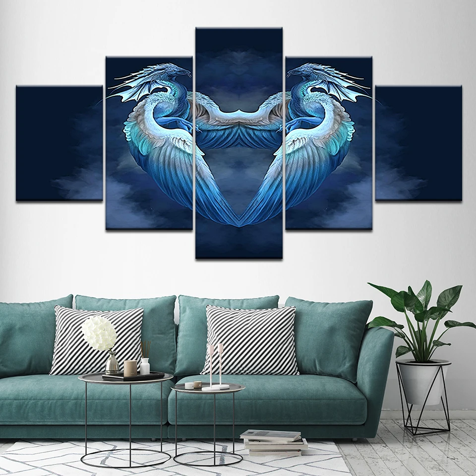 

Картина на холсте с изображением синего дракона, 5 шт., Настенная картина, модульные плакаты, печать для гостиной, домашний декор
