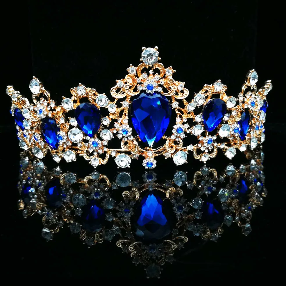 Gold Blue Корона в стиле барокко, красный, синий, зеленый кристалл, свадебная корона-тиара, винтажные золотые аксессуары для волос, свадебные стразы, диадема, пышные короны - Окраска металла: Gold Blue