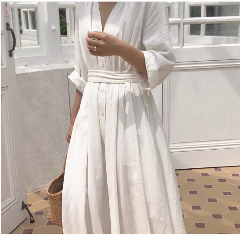 white Новинка, весенне-летнее платье, корейское, популярное, темпераментное, простое, v-образный вырез, галстук, плиссированное, свободное платье, DR940 - Цвет: white