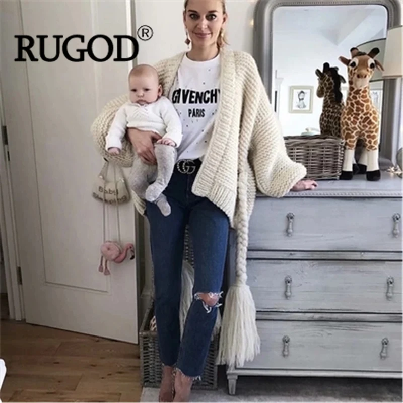 

RUGOD 2018 Fashion Tassel Belted Handmade Cardigan Women Autumn Lantern Sleeve Loose Crochet Sweater Cardigans Knitted Coat Pull