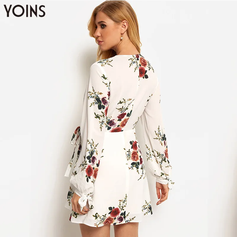 YOINS 2019 Летнее осеннее женское платье Винтажное Белое цветочное с v-образным