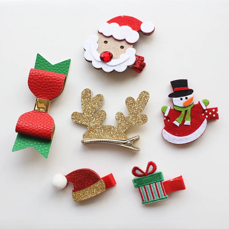 

12pcs/lot Cute PU Leather Bows Hair Clip Top Quality Felt Christmas Fawn Shape Hairpin Gift Box Headwear Santa Claus Red Hat Pin