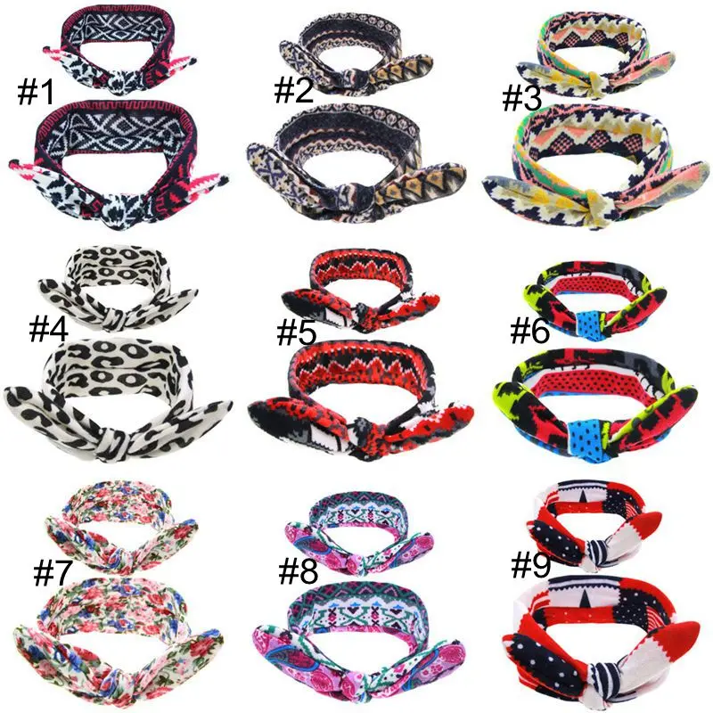 Nishine 10sets/lot Mom Rabbit Ears Hair Ornaments Tie Bow Headband Hair Hoop Stretch Knot Bow Cotton Headbands Hair Accessories