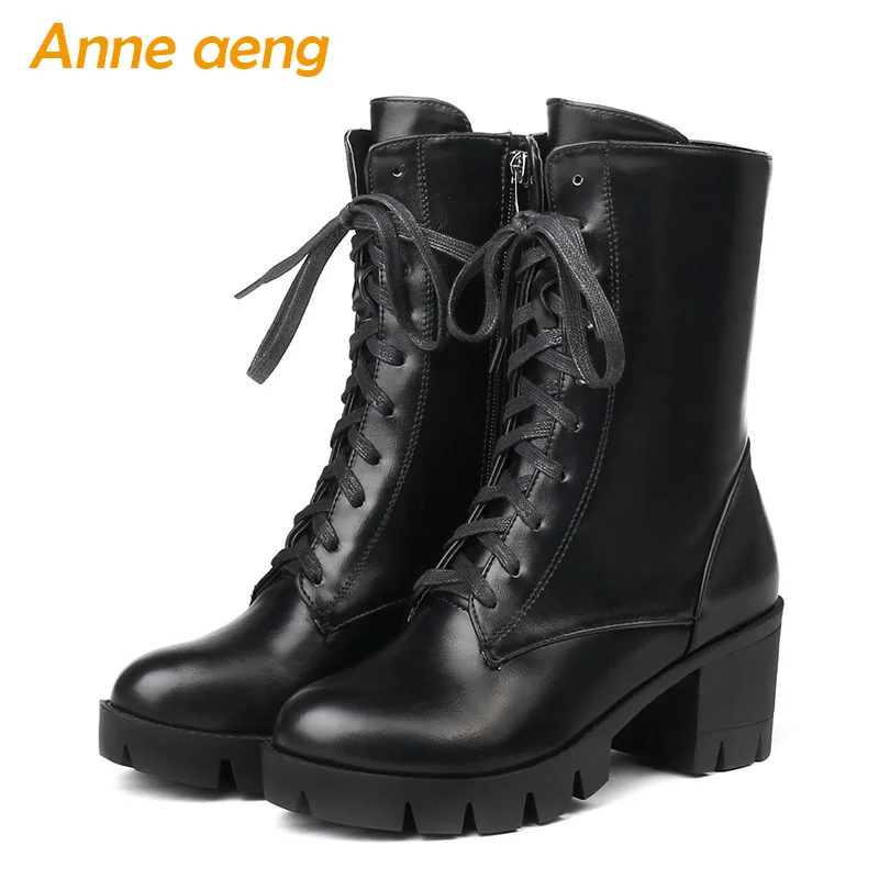 

New Winter Ankle Boots Platform Shoes High Heels Square Toe Lace-Up Punk Sexy Ladies Women Shoes Black Martin Boots Big Size
