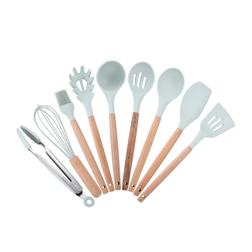 9pcs 9 шт./компл. силиконовый набор кухонных гаджетов деревянной ручкой Антипригарная посуда инструменты стойкая ложка шпатель яйца венчики посуда предметы - Color: 9pcs