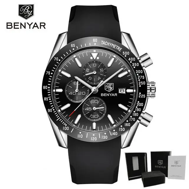 BENYAR мужские часы бизнес Chronogragh полностью Стальные кварцевые лучший бренд класса люкс повседневные 3 бар водонепроницаемые спортивные мужские серебристые синие Новинка - Цвет: R-Sliver Black