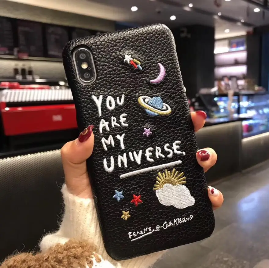 Черный Для iphone 11 Pro Max Роскошный кожаный чехол для телефона с вышивкой планета Вселенная для iphone 6 6s 7 plus 8plus X XR XS MAX - Цвет: Черный