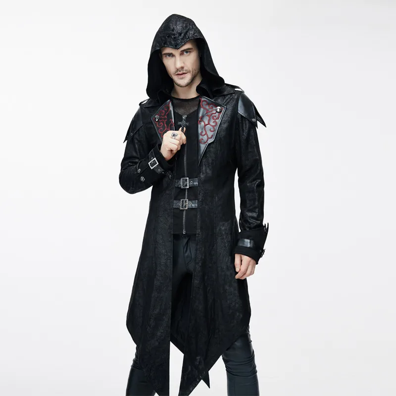 Beste Steampunk Mannen Cross Rits Hooded Afneembare Hoed Jas Dark Micro Elastische Schouder Stiksels Pu Leer Warme Zwarte Overjassen