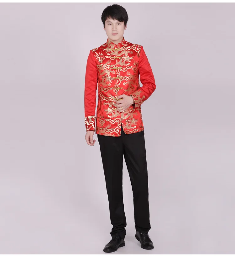 Красная туника традиционный топ с воротником стойкой мужской костюм вышивкой
