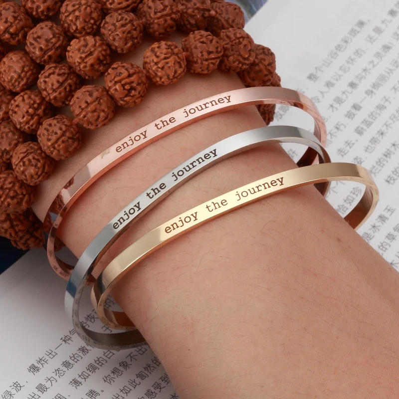 

3 Color Stainless Steel Engraved Positive Inspirational Quote Cuff Mantra Bracelet Bangle For Women Jewelry