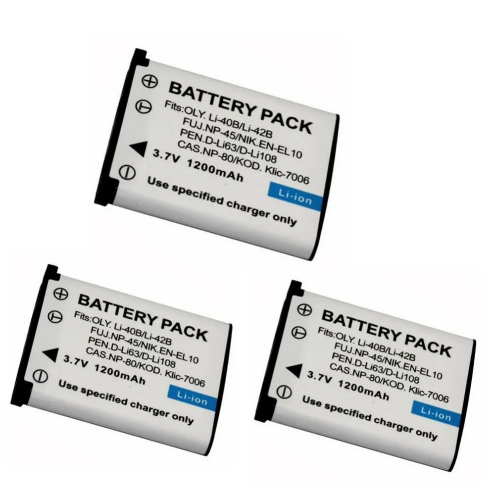 3 шт. 1200 мАч LI40B LI-40B LI-42B LI42B FNP-45 NP45 CNP-80 ENEL10 EN-EL10 батарея для OLYMPUS U700 U710 FE230 FE340 FE290 FE36 |