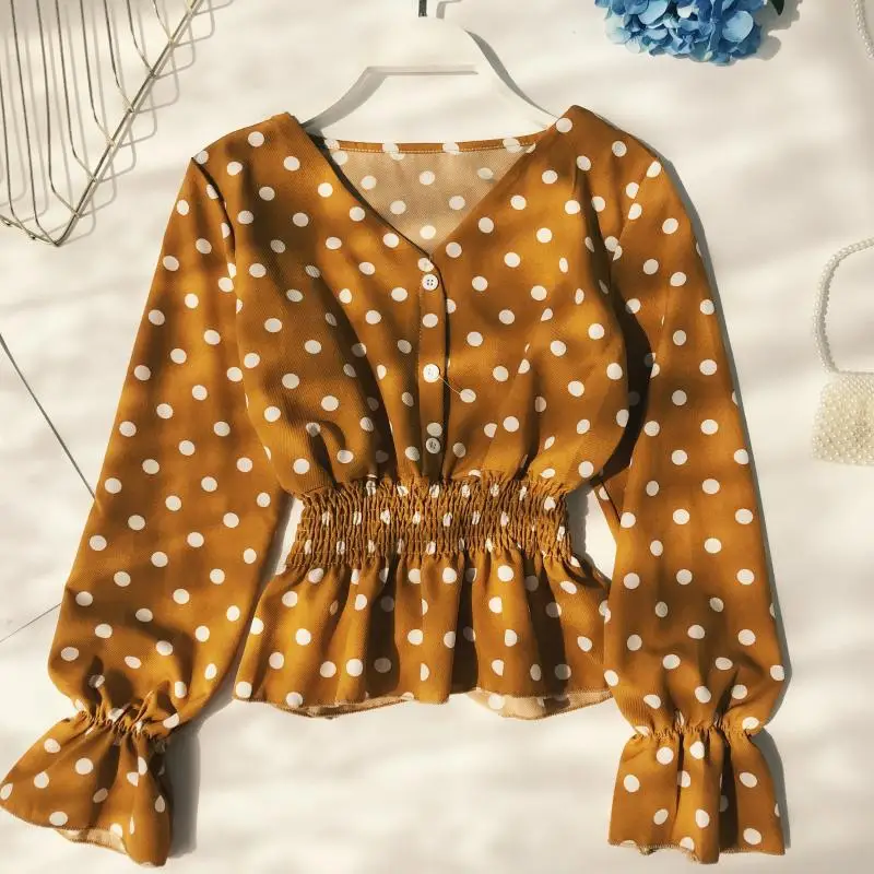 Женская блузка рубашка в горошек с треугольным вырезом и рукавами-фонариками