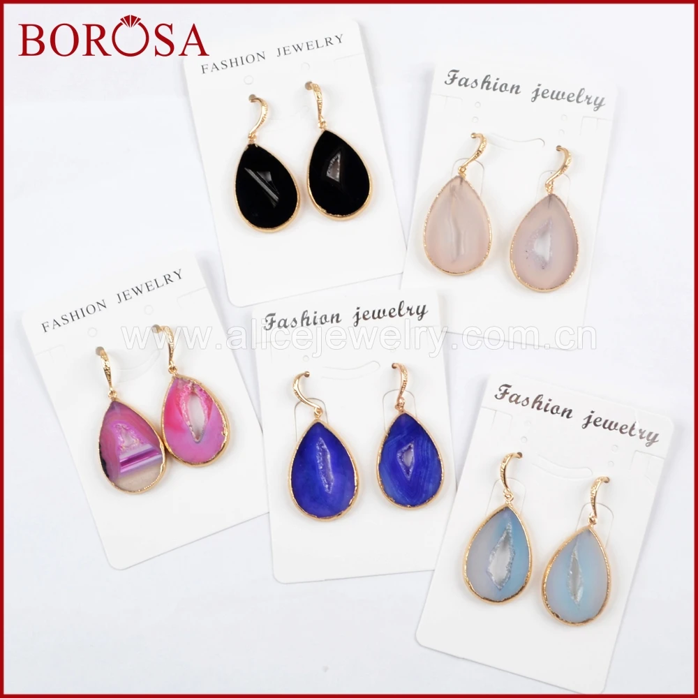 BOROSA золото Цвет падение Природный Druzy Geode-ворота Длинные Висячие серьги мода 5 пар
