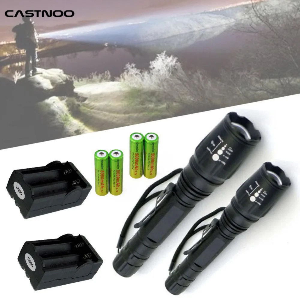 2 шт. T6 светодиодный фонарик с регулируемым фокусом + 4 аккумулятор 18650 5000 мАч