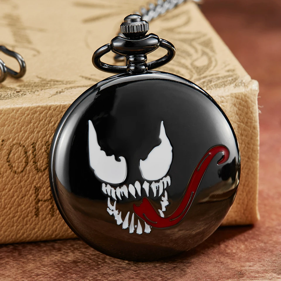 

Men & Women Pocket Watch Bronze Black Venom Laser Engraved Flip Case Fob Watches with Chain Quartz Necklace Pendant Male Clock