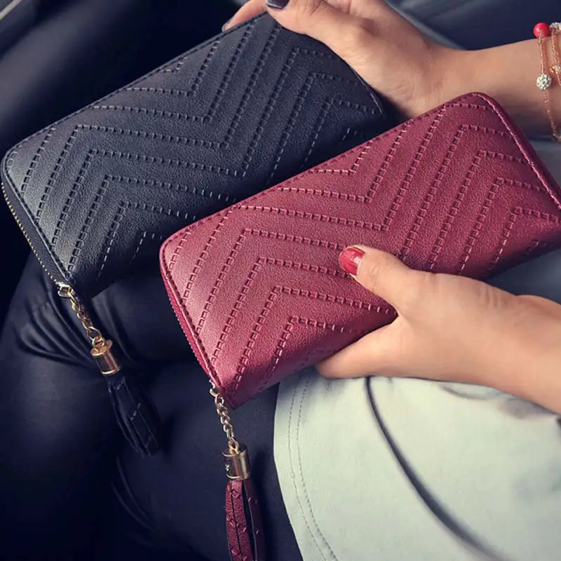 2017 New Fashion Women Casual Wallet Solid Color Leather Tassel Wave Pattern Long Style Ladies Coin Zippered Purse BS88 | Багаж и сумки
