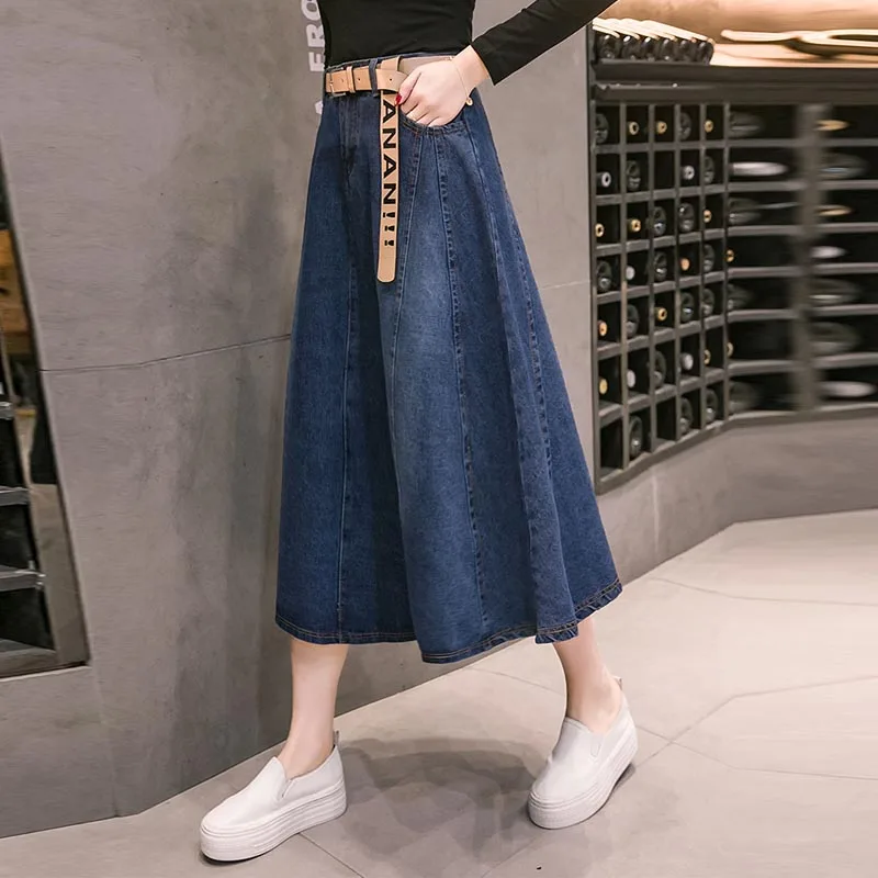 Faldas mujer moda Осенняя модная женская длинная Повседневная джинсовая юбка плюс размер Макси трапециевидная юбка винтажная Джинсовая юбка миди