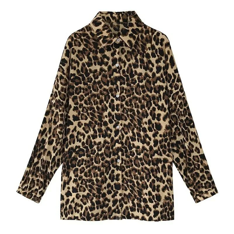 

Women Long Sleeve Turn-down Collar Blouse Top Fashion Leopard Print Shirt Loose Blouses