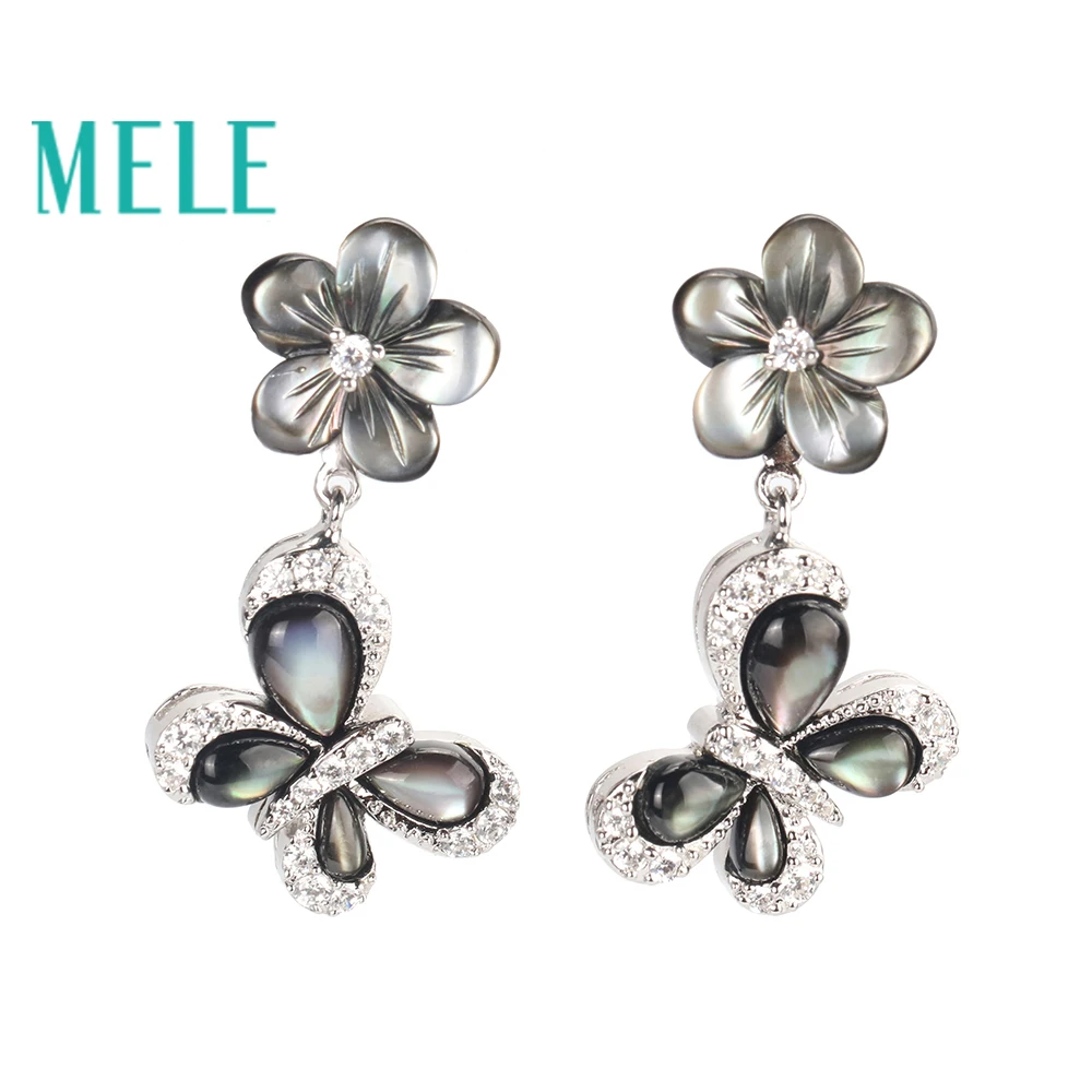 

High quality black shell dangle earrings for women,Plum blossoms and butterflies shape with 925 sterling silver charming jewelry