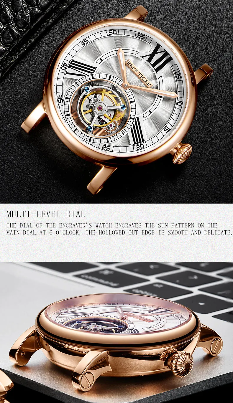 Риф Тигр/RT повседневные дизайнерские часы для мужчин Tourbillon автоматические часы с ремешком аллигатора роскошные часы из розового золота RGA1999