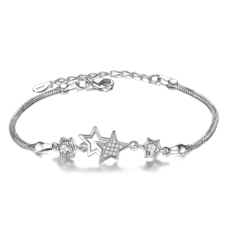 

100% 925 sterling silver fashion shiny crystal double star ladies`chain link bracelets jewelry no fade Anti allergy