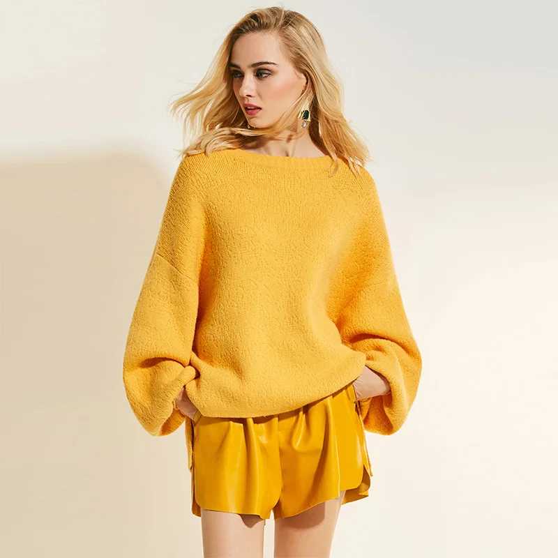 Winter Yellow Sweater Women Round Neck Solid Lantern Sleeve Pullover Fashion Plain Girls Knitted Autumn Long