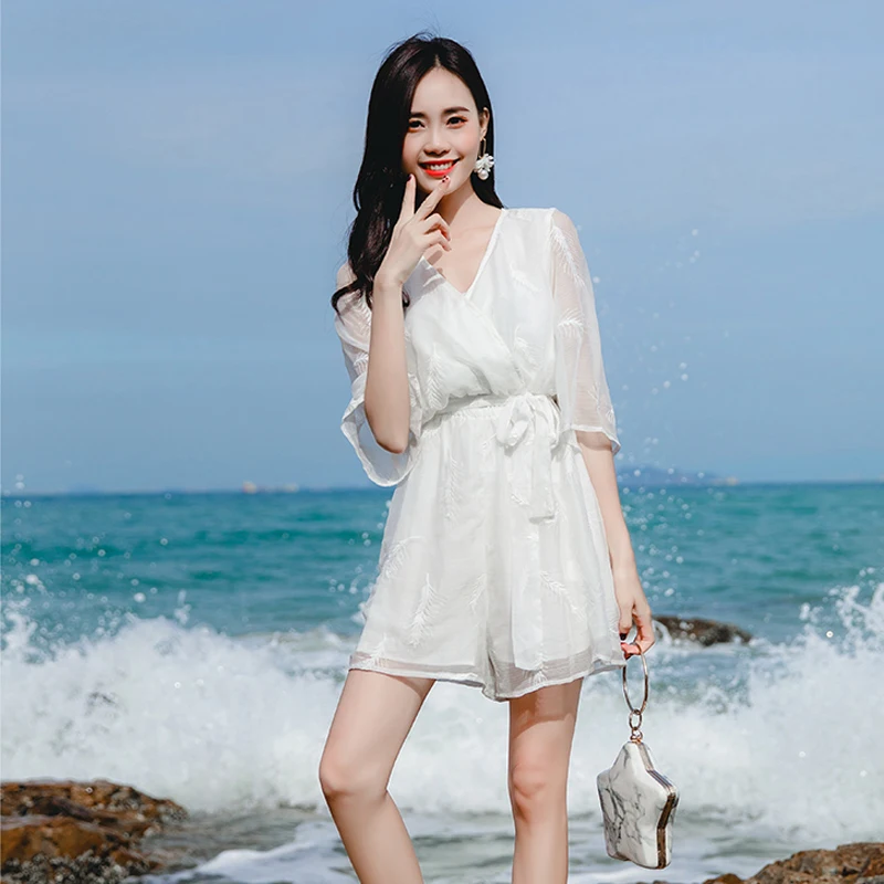 Женский пляжный комбинезон белые шорты с широкими штанинами лето 2019 | Женская