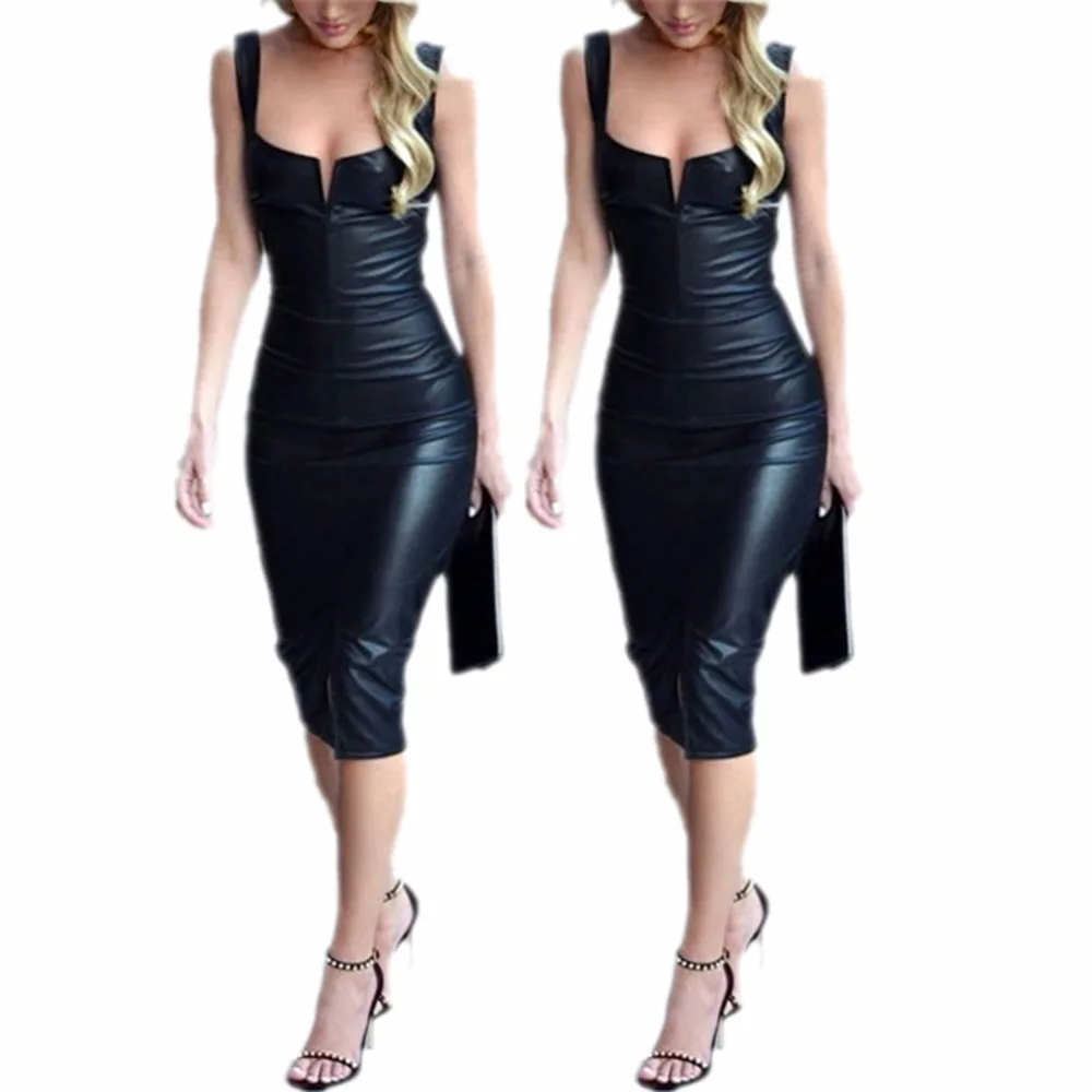Сексуальное кожаное платье женское Бандажное облегающее платье-карандаш без