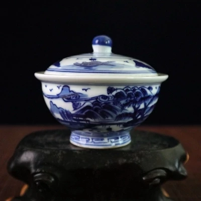 Антикварный фарфоровый горшок Kangxi годовой синий и белый пейзаж фигурка Крышка