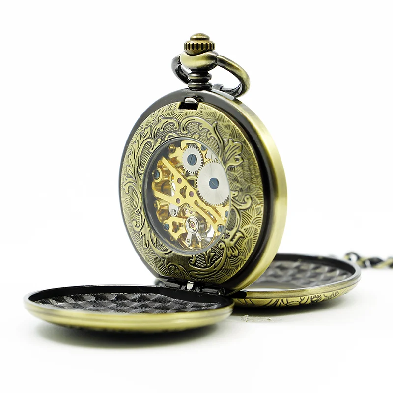 Antique Mysterious Symbol Hollow Dial Double Opening Mechanical Pocket Watch Retro Steampunk Men Fob Chain Watch Manual Clock