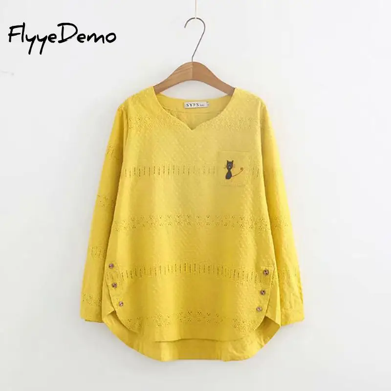 4XL 6 Colors Autumn New Lace Blouses Cat Embroidery Hollow Out Casual Ladies Fashion Shirts White Pink Loose Tops Plus Size | Женская