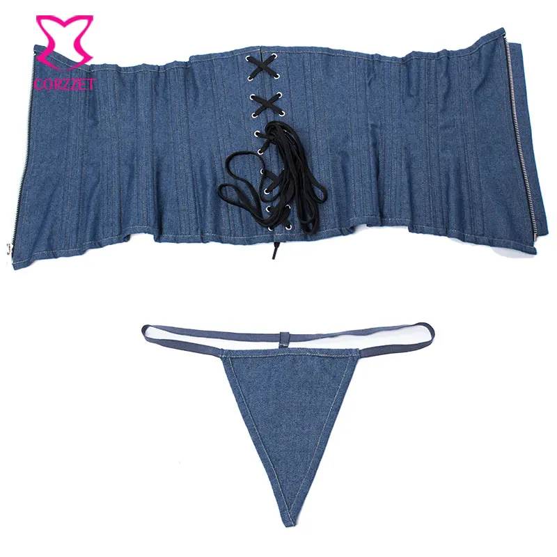 Женский корсет на молнии синий джинсовый косточках со стальными косточками